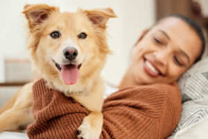 A woman enjoying pet-friendly sober living