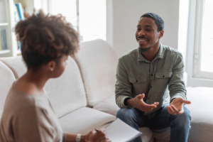 a man opens up in treatment for addiction